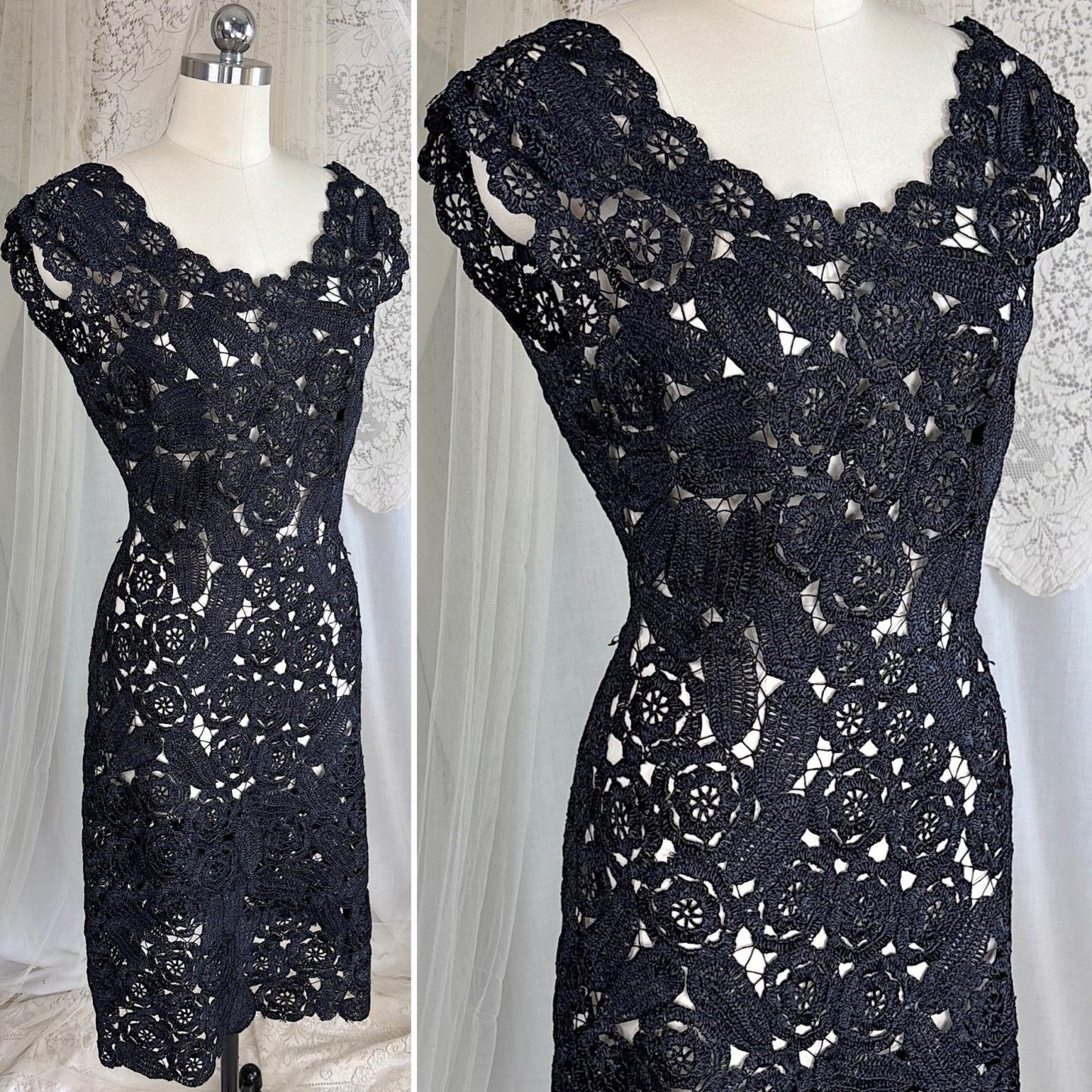 Vintage 1950's Black Raffia Lace Wiggle Dress, size M - Daggers & Dames