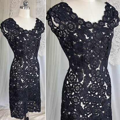 Vintage 1950's Black Raffia Lace Wiggle Dress, size M - Daggers & Dames