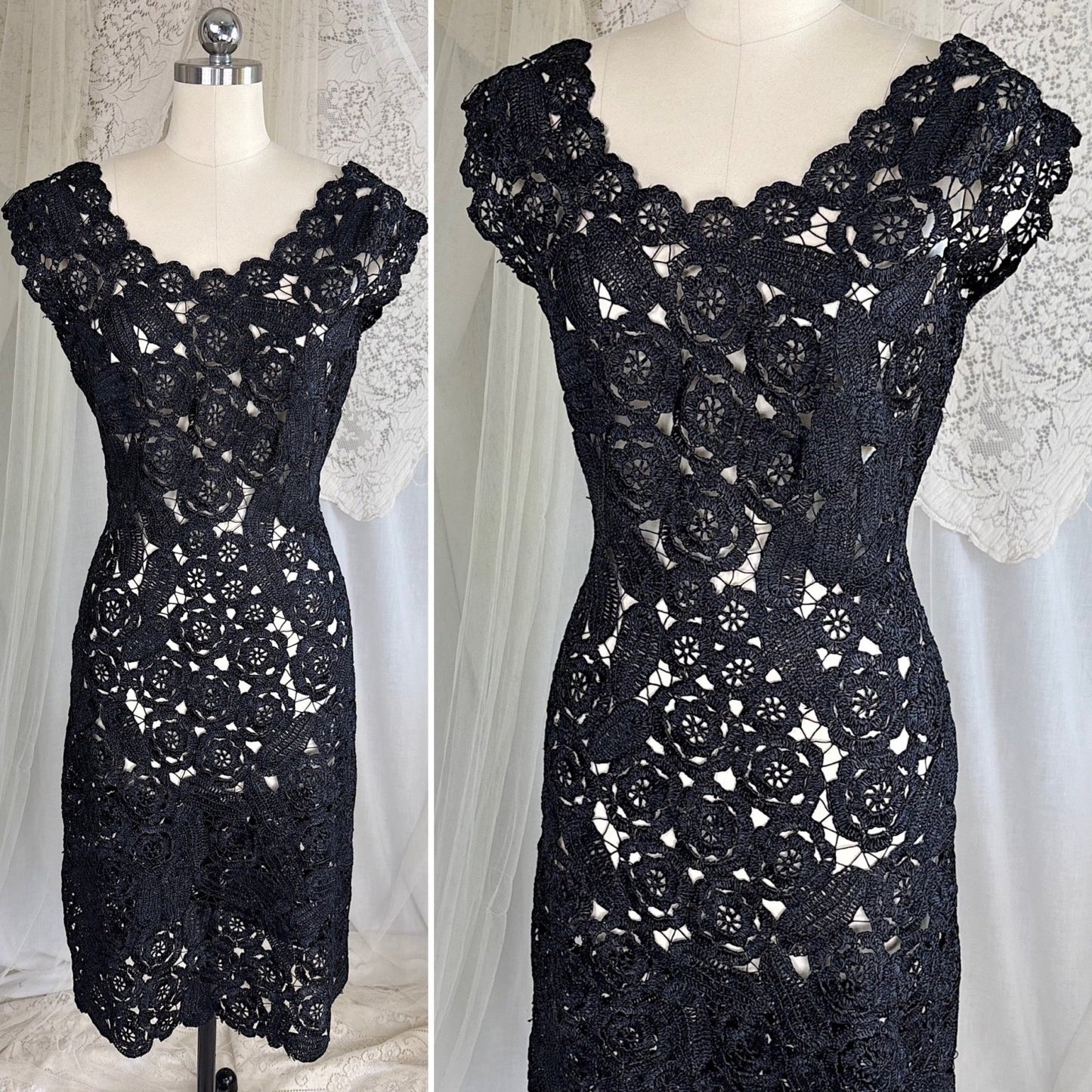 Vintage 1950's Black Raffia Lace Wiggle Dress, size M - Daggers & Dames