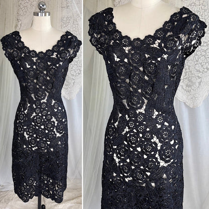 Vintage 1950's Black Raffia Lace Wiggle Dress, size M - Daggers & Dames