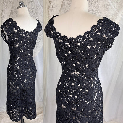 Vintage 1950's Black Raffia Lace Wiggle Dress, size M - Daggers & Dames