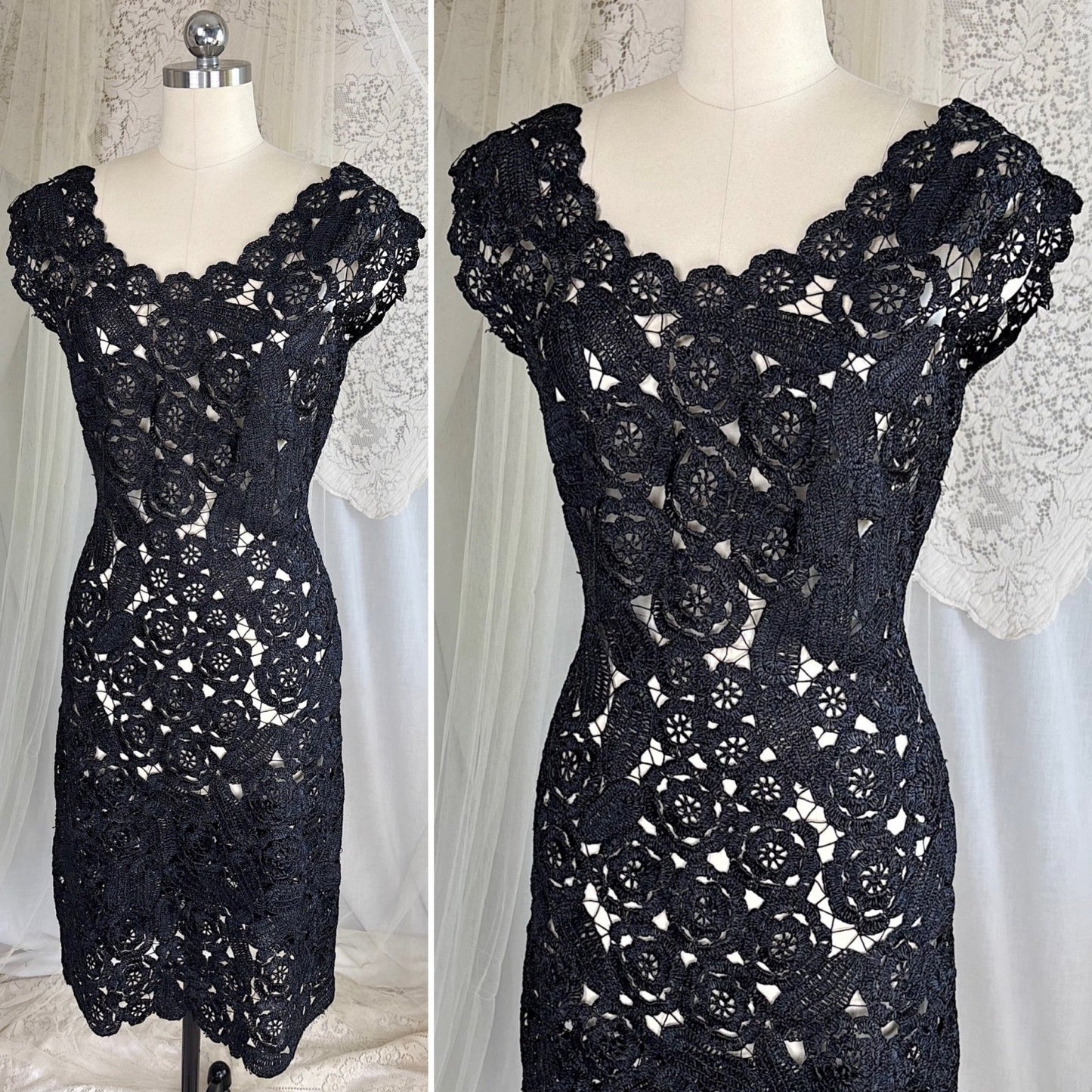 Vintage 1950's Black Raffia Lace Wiggle Dress, size M - Daggers & Dames