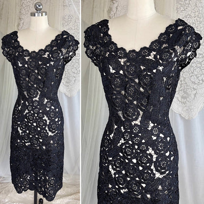 Vintage 1950's Black Raffia Lace Wiggle Dress, size M - Daggers & Dames