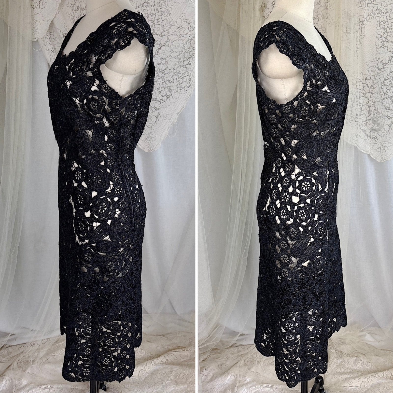 Vintage 1950's Black Raffia Lace Wiggle Dress, size M - Daggers & Dames