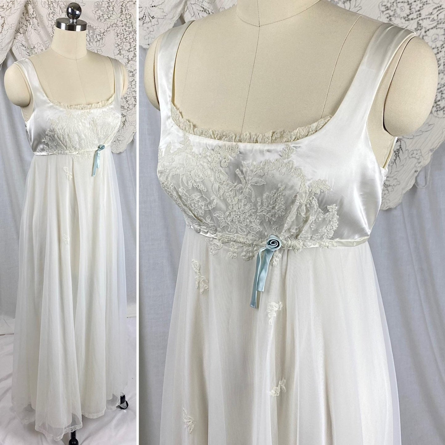 Vintage 1950's Bridal Nightgown & Robe Set | White Rayon Satin with Intricate Embroidered Lace | Size XS, S - Daggers & Dames