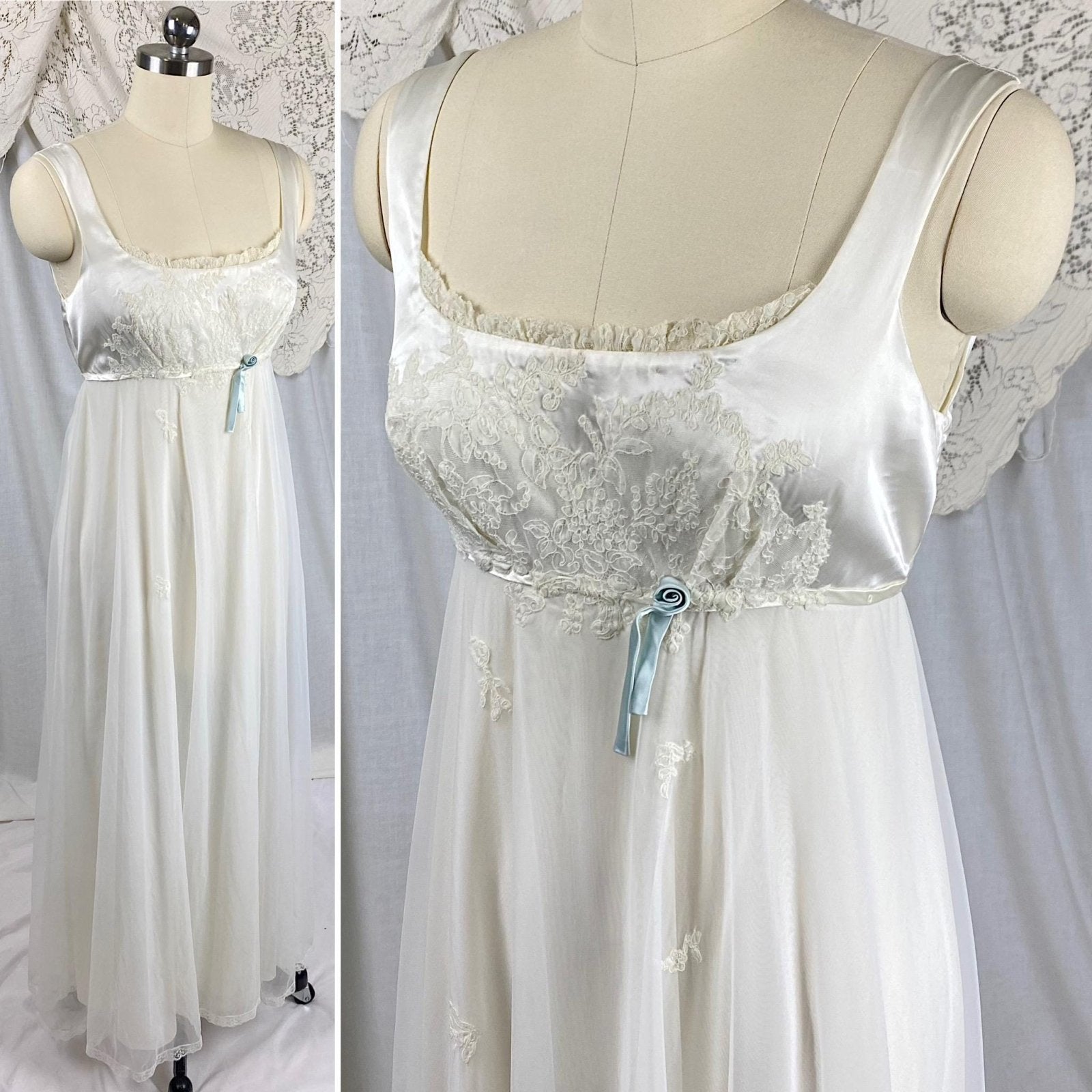 Vintage 1950's Bridal Nightgown & Robe Set | White Rayon Satin with Intricate Embroidered Lace | Size XS, S - Daggers & Dames
