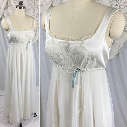 Vintage 1950's Bridal Nightgown & Robe Set | White Rayon Satin with Intricate Embroidered Lace | Size XS, S - Daggers & Dames