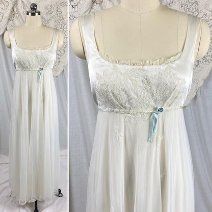 Vintage 1950's Bridal Nightgown & Robe Set | White Rayon Satin with Intricate Embroidered Lace | Size XS, S - Daggers & Dames