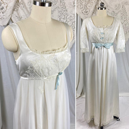 Vintage 1950's Bridal Nightgown & Robe Set | White Rayon Satin with Intricate Embroidered Lace | Size XS, S - Daggers & Dames