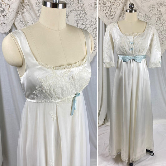 Vintage 1950's Bridal Nightgown & Robe Set | White Rayon Satin with Intricate Embroidered Lace | Size XS, S - Daggers & Dames