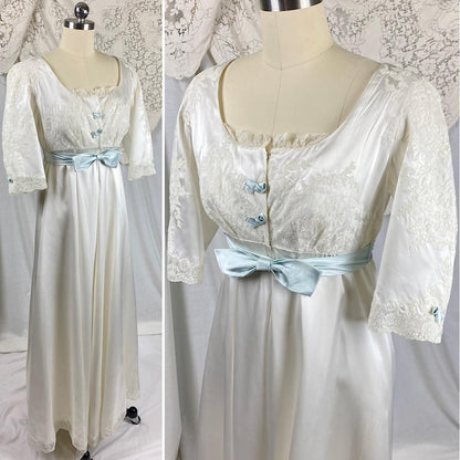 Vintage 1950's Bridal Nightgown & Robe Set | White Rayon Satin with Intricate Embroidered Lace | Size XS, S - Daggers & Dames