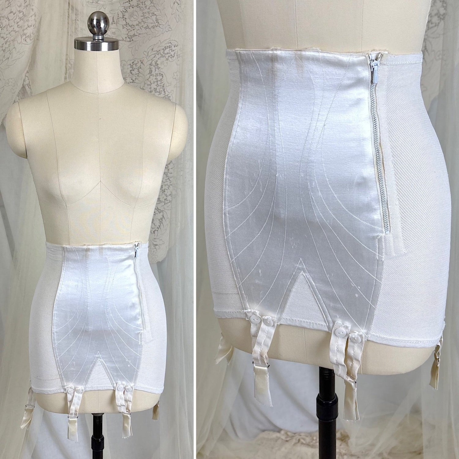 Vintage 1950's Bright White Satin Girdle with Detachable Garters - New with Original Box, Size XS - French Import - Daggers & Dames