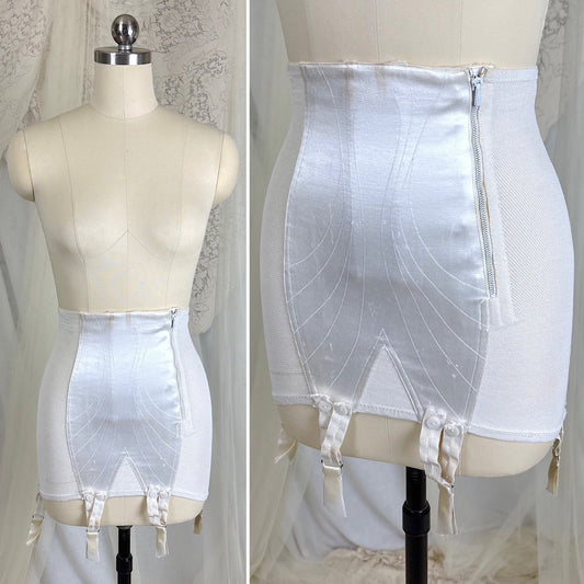 Vintage 1950's Bright White Satin Girdle with Detachable Garters - New with Original Box, Size XS - French Import - Daggers & Dames