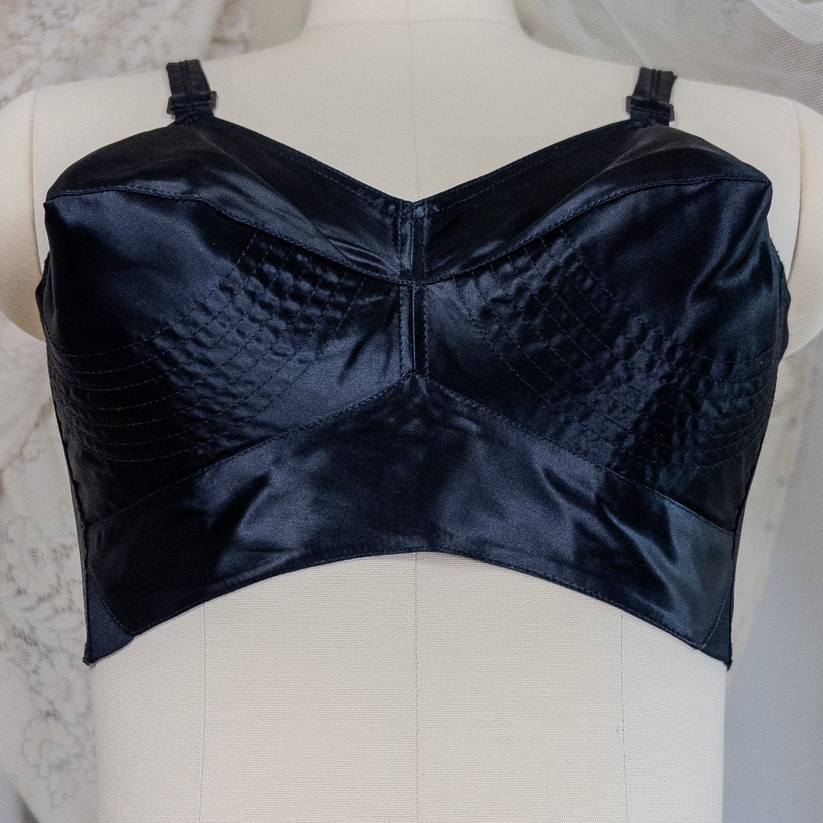 Vintage 1950's Bullet Bra - Black Acetate Satin with Circle Stitching by Exquisite Form | 34 C - Daggers & Dames