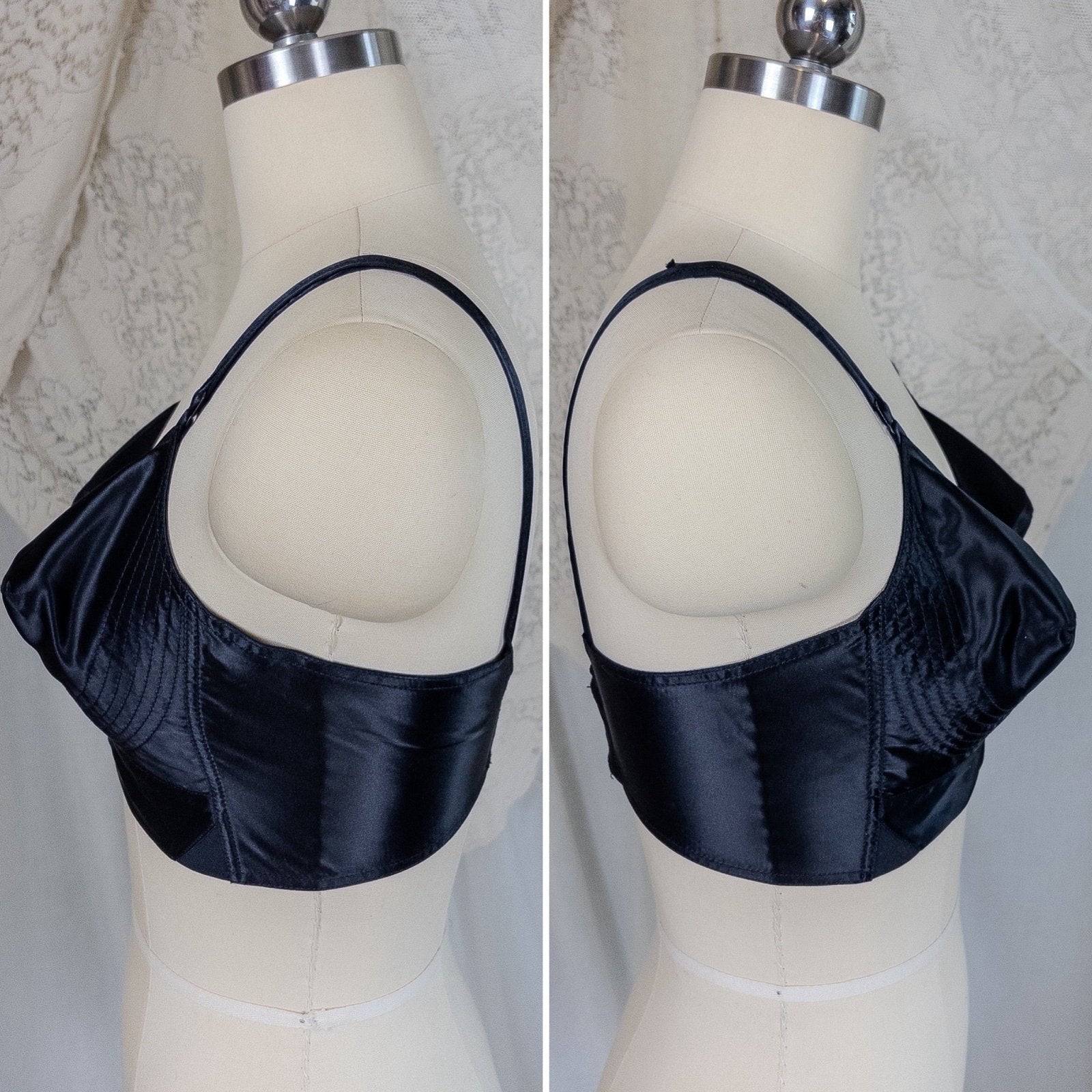 Vintage 1950's Bullet Bra - Black Acetate Satin with Circle Stitching by Exquisite Form | 34 C - Daggers & Dames