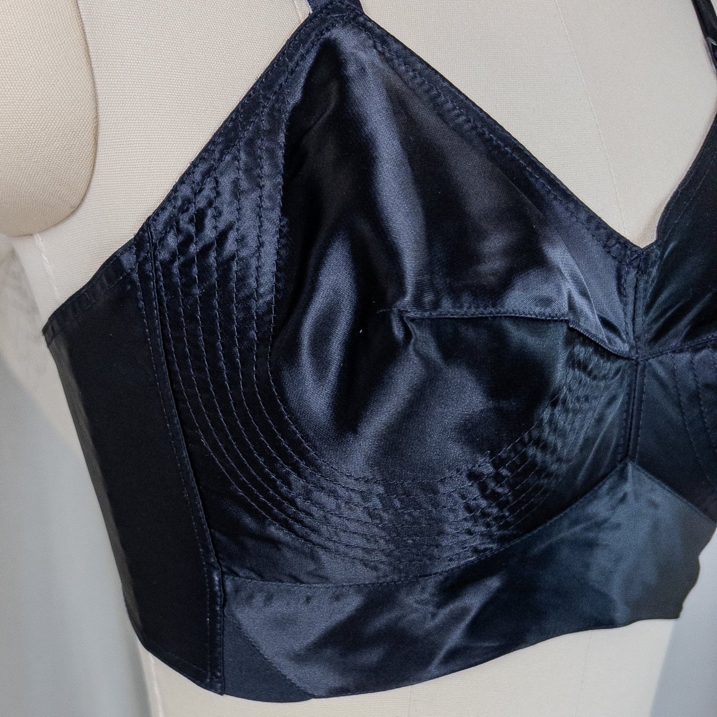 Vintage 1950's Bullet Bra - Black Acetate Satin with Circle Stitching by Exquisite Form | 34 C - Daggers & Dames