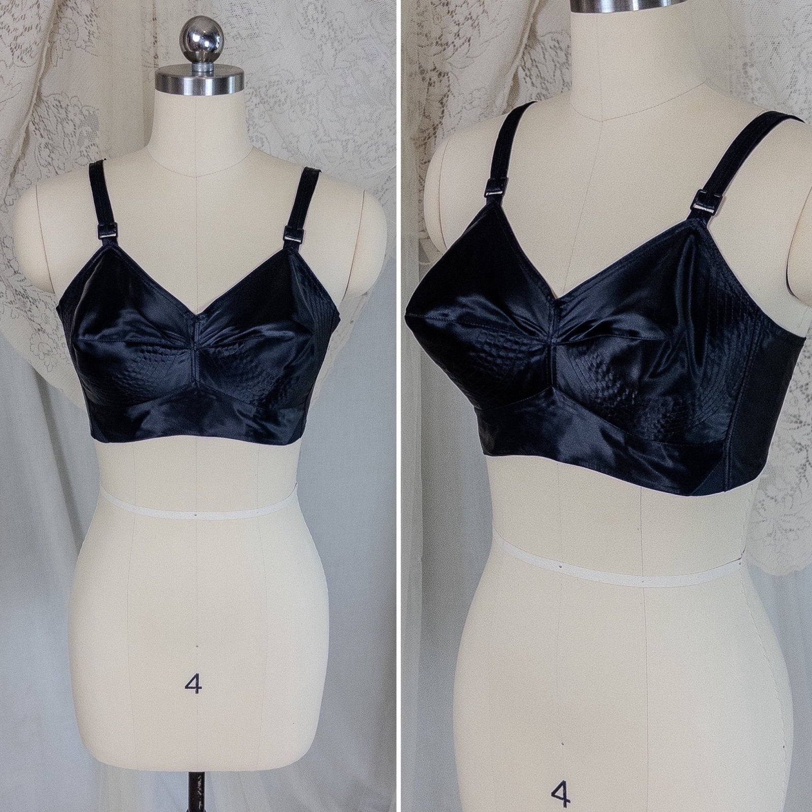 Vintage 1950's Bullet Bra - Black Acetate Satin with Circle Stitching by Exquisite Form | 34 C - Daggers & Dames