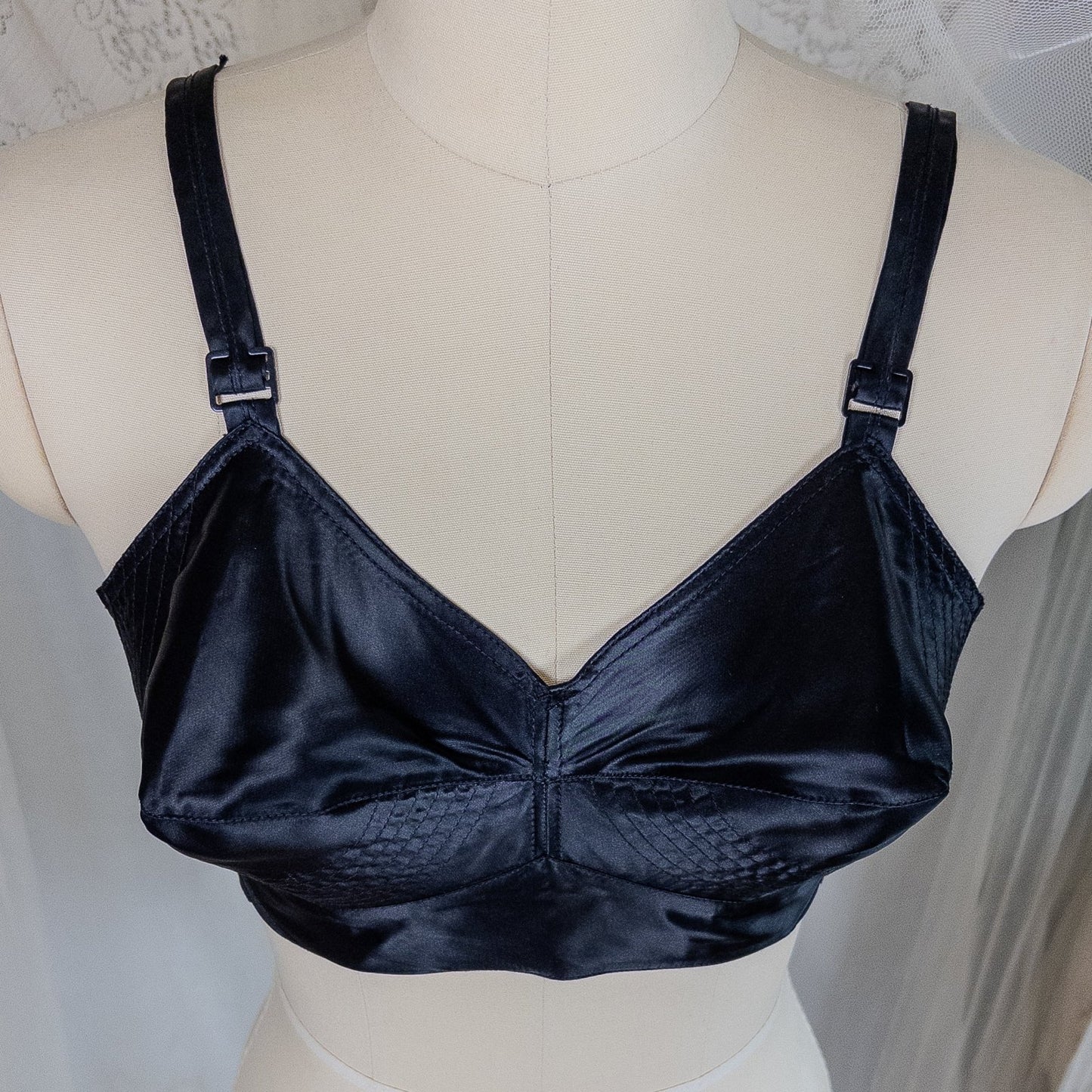 Vintage 1950's Bullet Bra - Black Acetate Satin with Circle Stitching by Exquisite Form | 34 C - Daggers & Dames