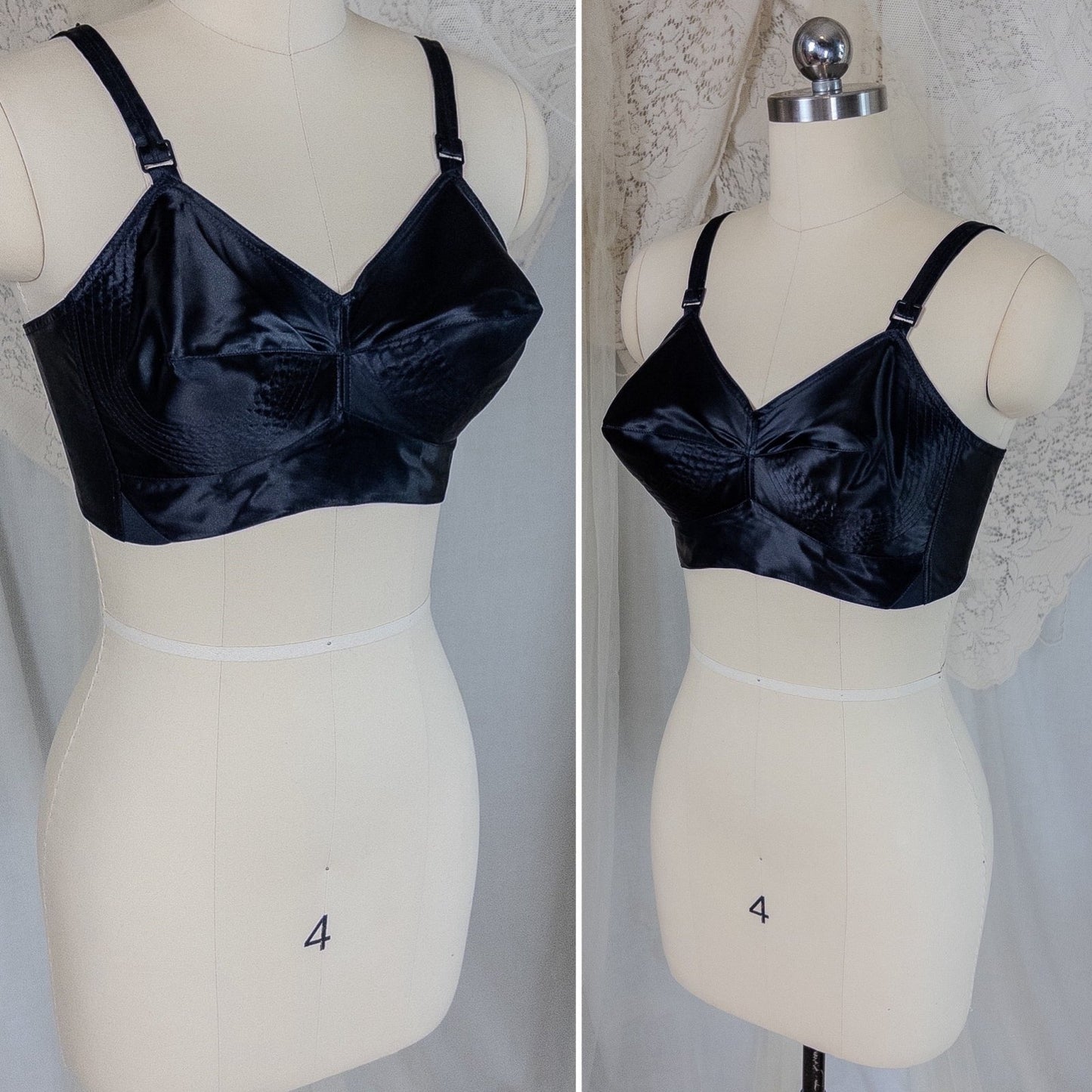 Vintage 1950's Bullet Bra - Black Acetate Satin with Circle Stitching by Exquisite Form | 34 C - Daggers & Dames