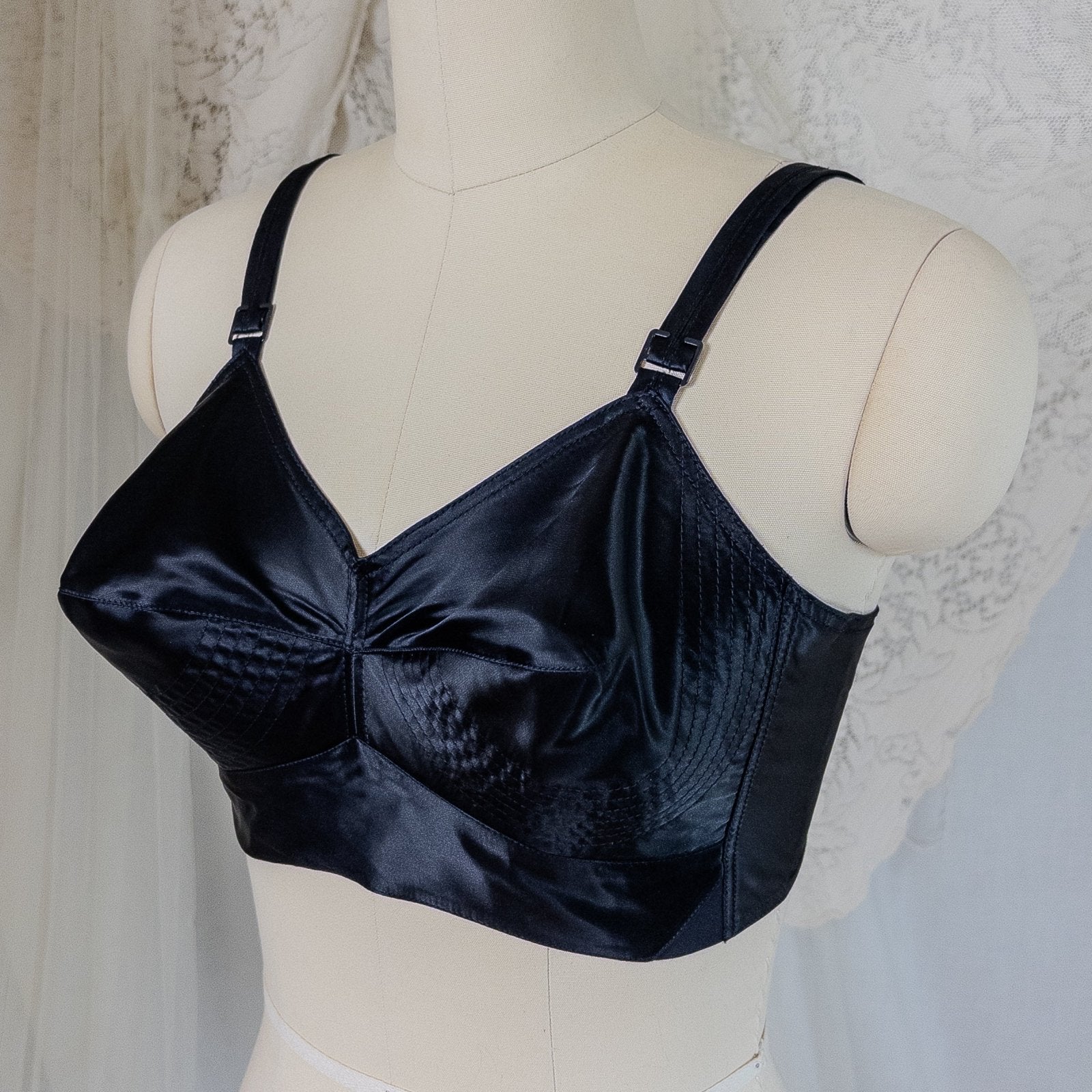 Vintage 1950's Bullet Bra - Black Acetate Satin with Circle Stitching by Exquisite Form | 34 C - Daggers & Dames