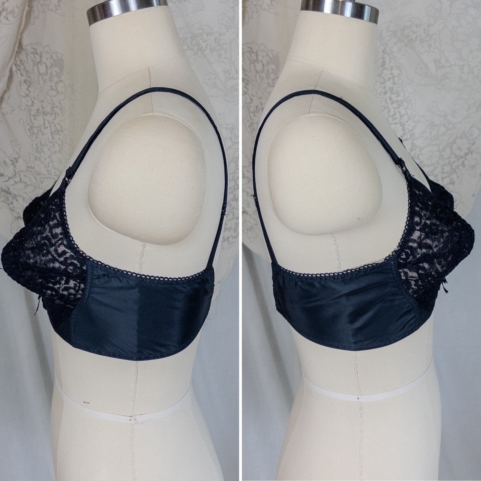 Vintage 1950's Bullet Bra - Deadstock Sheer Black Floral Lace with Circle Stitching by Formfit | 34 A, 32 B - Daggers & Dames