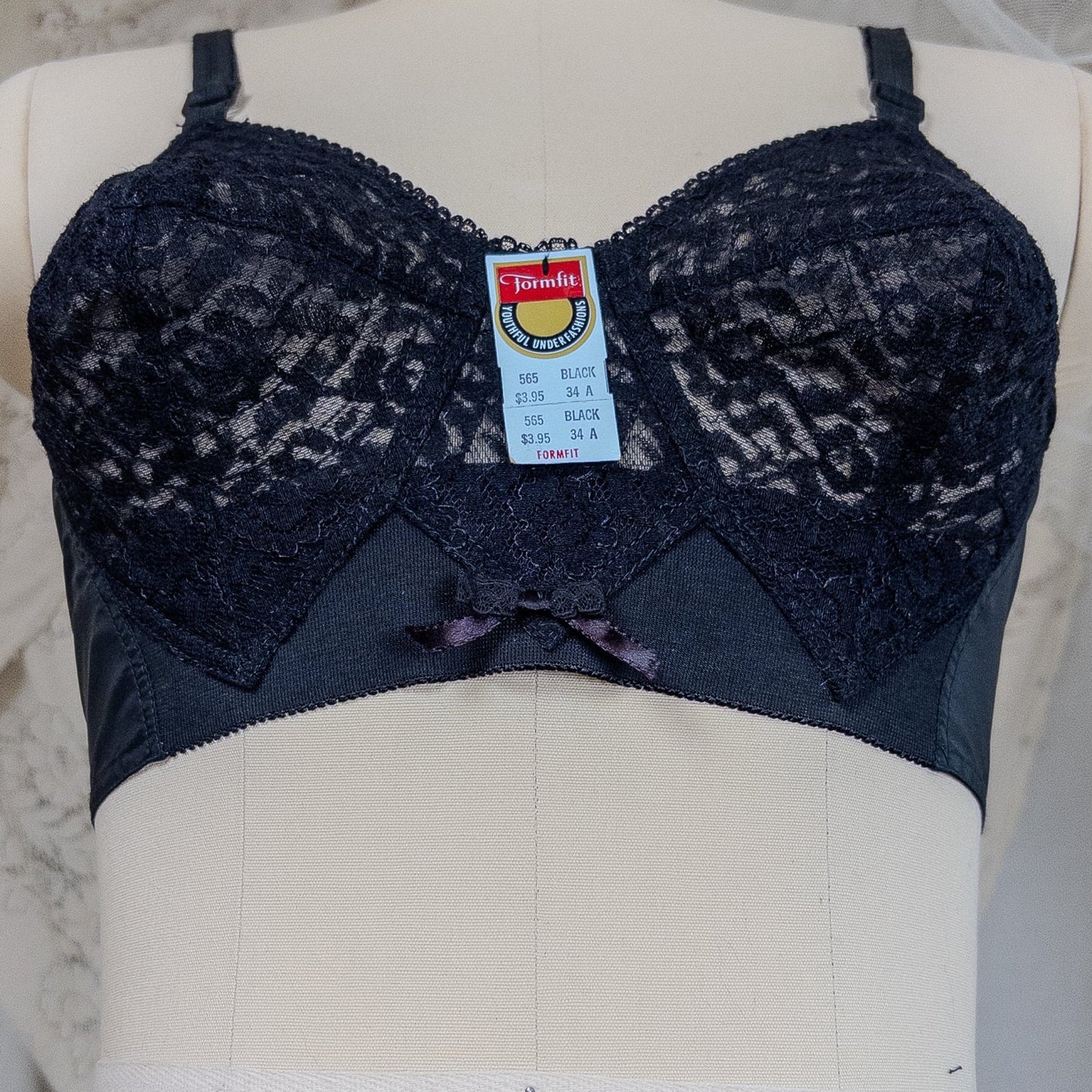Vintage 1950's Bullet Bra - Deadstock Sheer Black Floral Lace with Circle Stitching by Formfit | 34 A, 32 B - Daggers & Dames