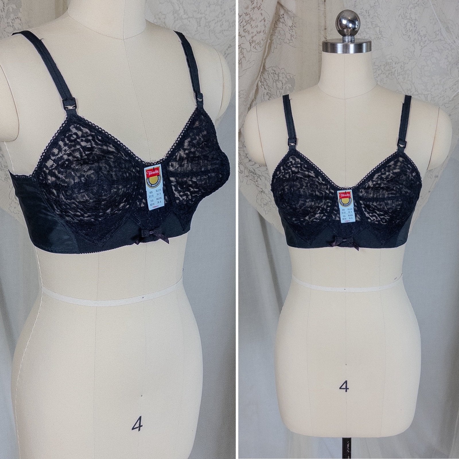 Vintage 1950's Bullet Bra - Deadstock Sheer Black Floral Lace with Circle Stitching by Formfit | 34 A, 32 B - Daggers & Dames