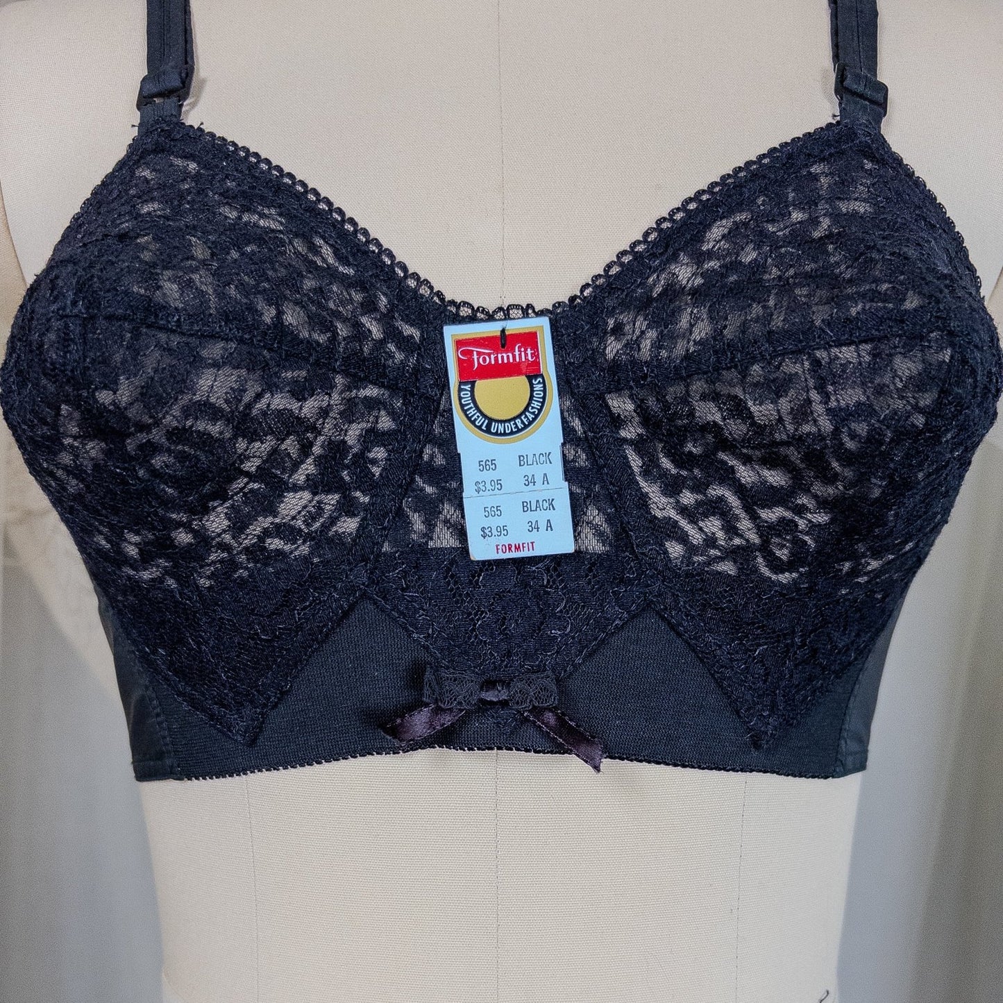 Vintage 1950's Bullet Bra - Deadstock Sheer Black Floral Lace with Circle Stitching by Formfit | 34 A, 32 B - Daggers & Dames