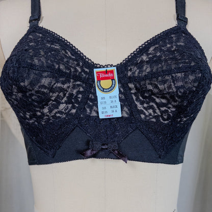 Vintage 1950's Bullet Bra - Deadstock Sheer Black Floral Lace with Circle Stitching by Formfit | 34 A, 32 B - Daggers & Dames
