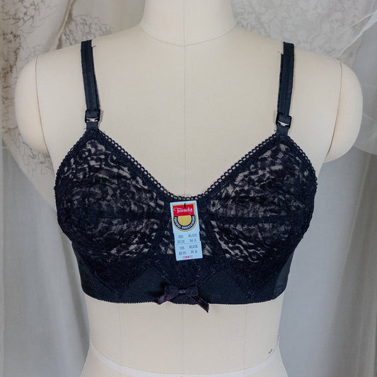 Vintage 1950's Bullet Bra - Deadstock Sheer Black Floral Lace with Circle Stitching by Formfit | 34 A, 32 B - Daggers & Dames