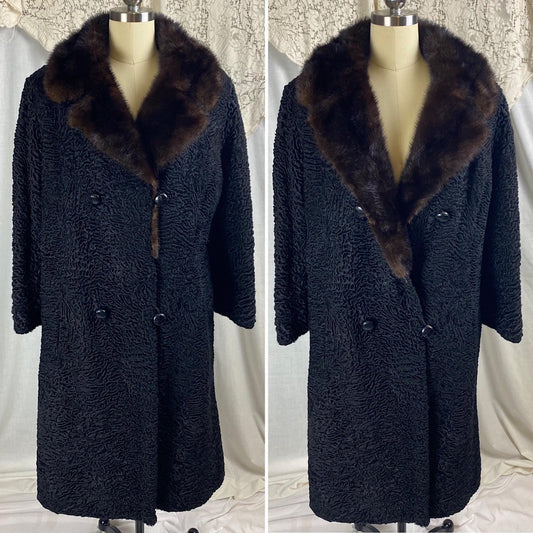 Vintage 1950's Coat | Black Persian Lamb & Brown Mink Fur with Rayon Satin Damask Lining | Size S, M - Daggers & Dames