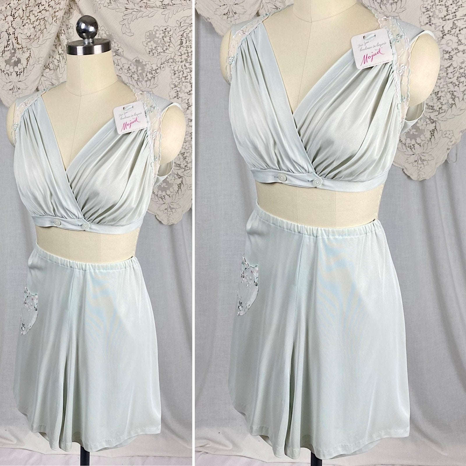 Vintage 1950's Crop Top & Bloomers Pajama Set | Pale Aqua Blue Nylon with Sheer White Chiffon Trim | Size XS, S | Mojud - Never Worn - Daggers & Dames