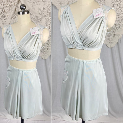 Vintage 1950's Crop Top & Bloomers Pajama Set | Pale Aqua Blue Nylon with Sheer White Chiffon Trim | Size XS, S | Mojud - Never Worn - Daggers & Dames