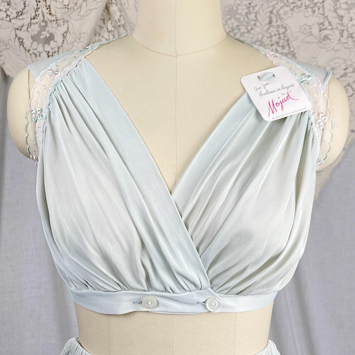 Vintage 1950's Crop Top & Bloomers Pajama Set | Pale Aqua Blue Nylon with Sheer White Chiffon Trim | Size XS, S | Mojud - Never Worn - Daggers & Dames
