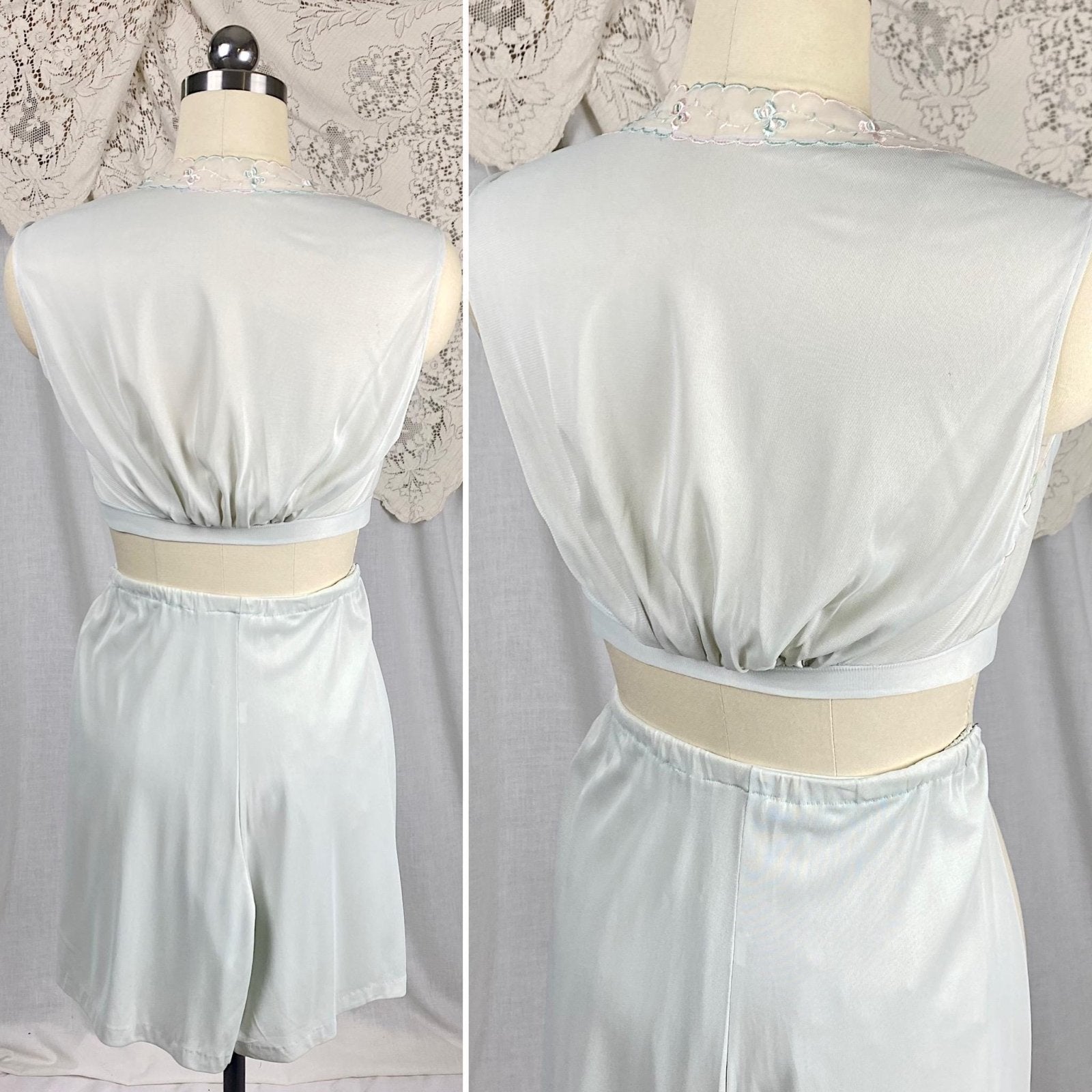 Vintage 1950's Crop Top & Bloomers Pajama Set | Pale Aqua Blue Nylon with Sheer White Chiffon Trim | Size XS, S | Mojud - Never Worn - Daggers & Dames