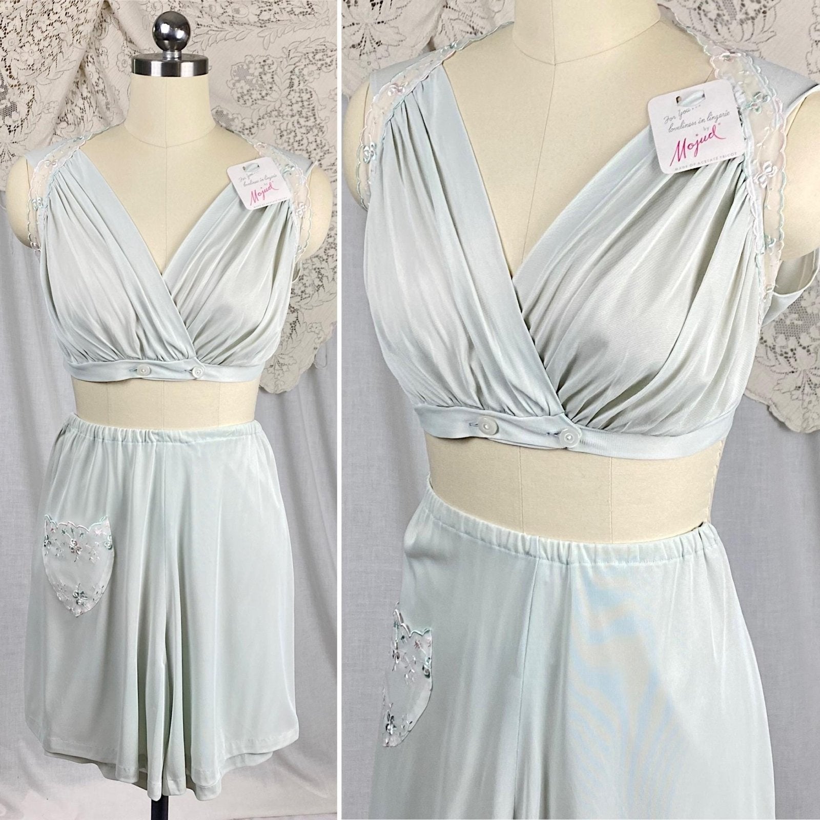 Vintage 1950's Crop Top & Bloomers Pajama Set | Pale Aqua Blue Nylon with Sheer White Chiffon Trim | Size XS, S | Mojud - Never Worn - Daggers & Dames