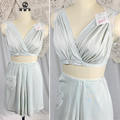 Vintage 1950's Crop Top & Bloomers Pajama Set | Pale Aqua Blue Nylon with Sheer White Chiffon Trim | Size XS, S | Mojud - Never Worn - Daggers & Dames
