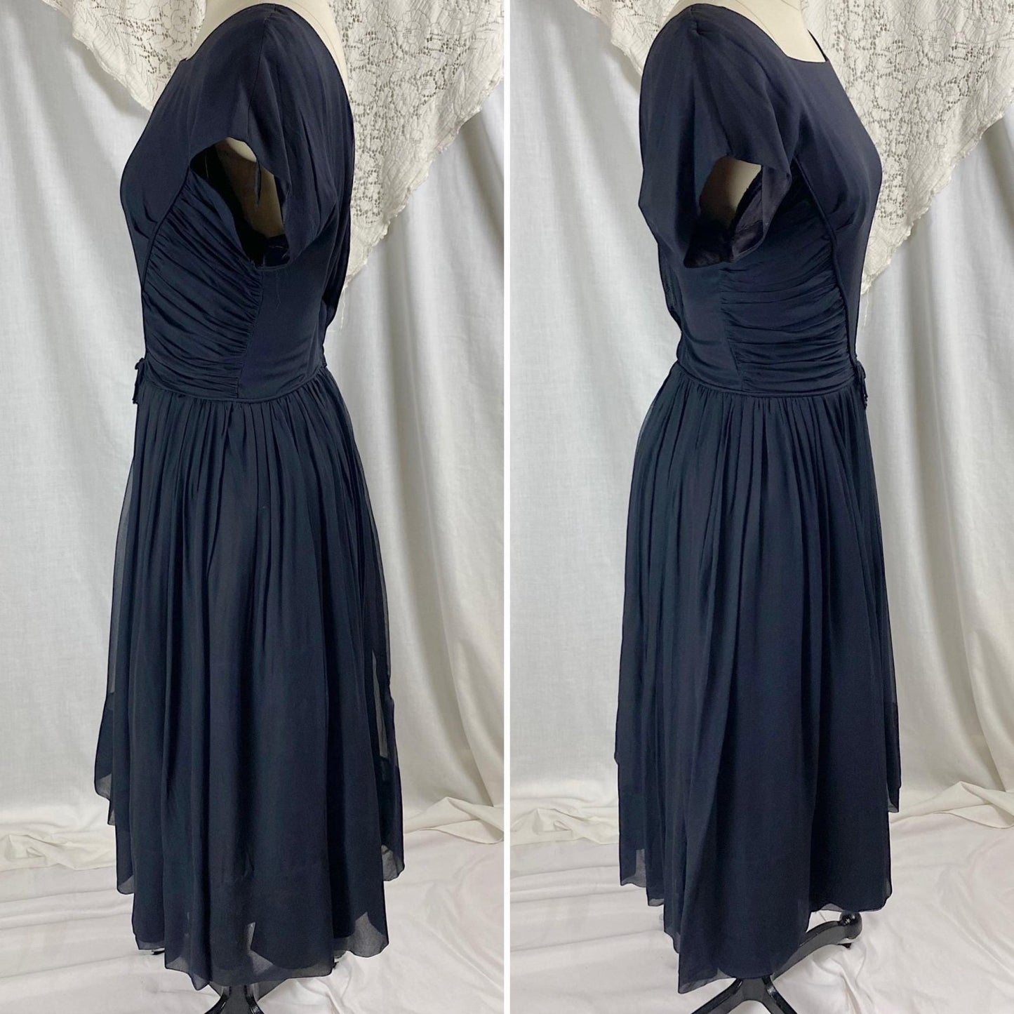 Vintage 1950's Dress | Black Silk Chiffon with Ruched Waist & Wide Circle Skirt | Size M - Daggers & Dames