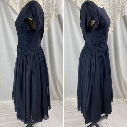 Vintage 1950's Dress | Black Silk Chiffon with Ruched Waist & Wide Circle Skirt | Size M - Daggers & Dames