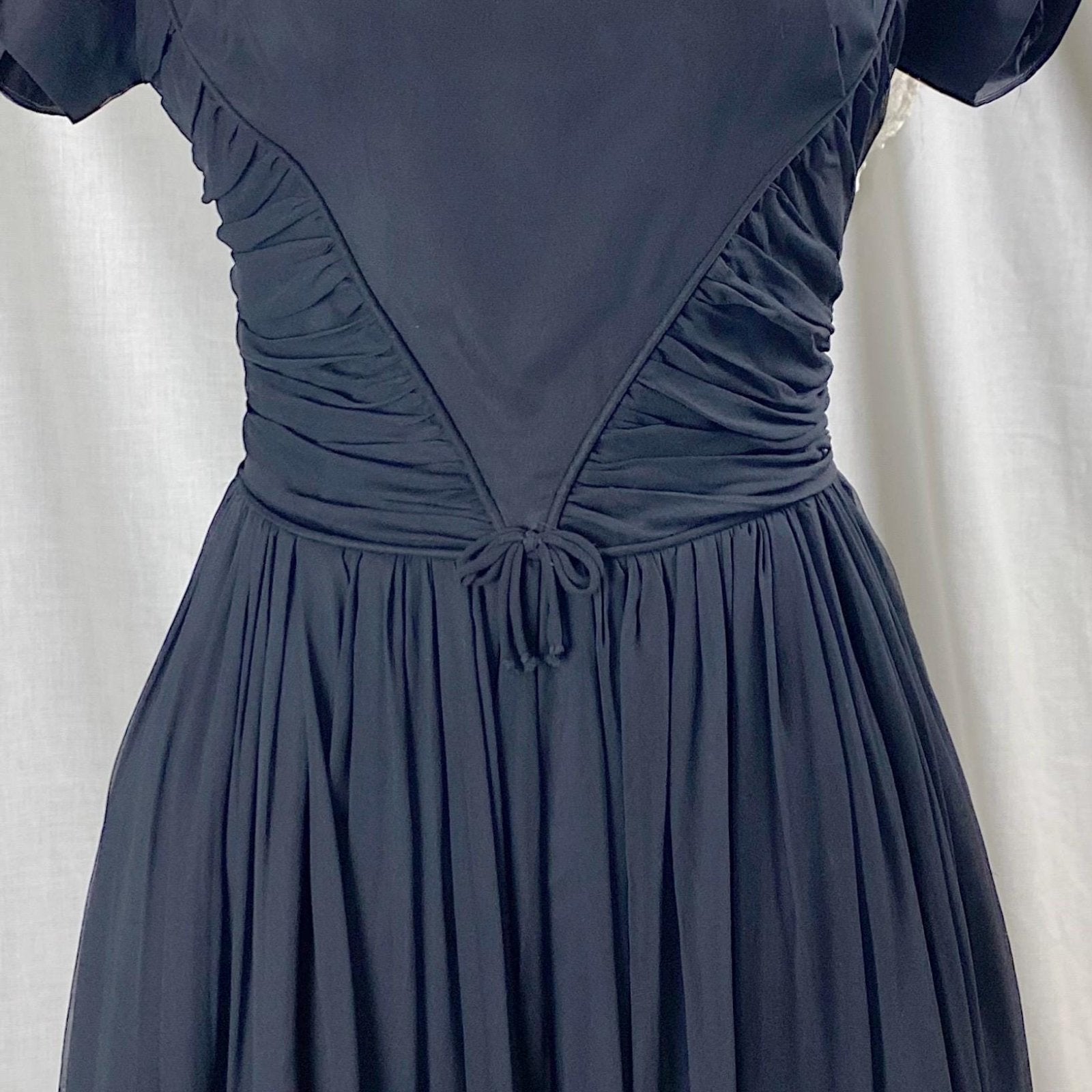 Vintage 1950's Dress | Black Silk Chiffon with Ruched Waist & Wide Circle Skirt | Size M - Daggers & Dames