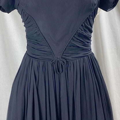 Vintage 1950's Dress | Black Silk Chiffon with Ruched Waist & Wide Circle Skirt | Size M - Daggers & Dames