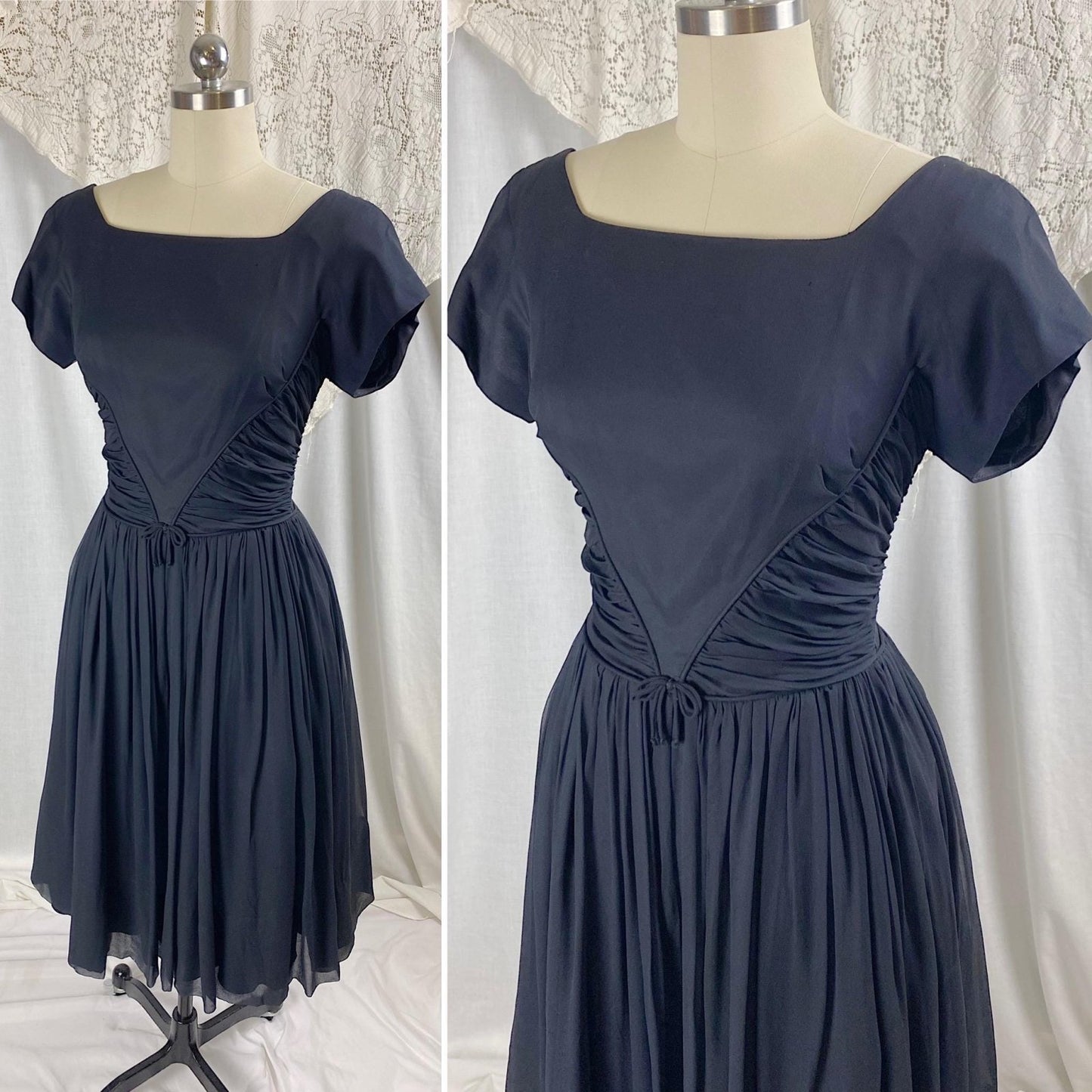 Vintage 1950's Dress | Black Silk Chiffon with Ruched Waist & Wide Circle Skirt | Size M - Daggers & Dames
