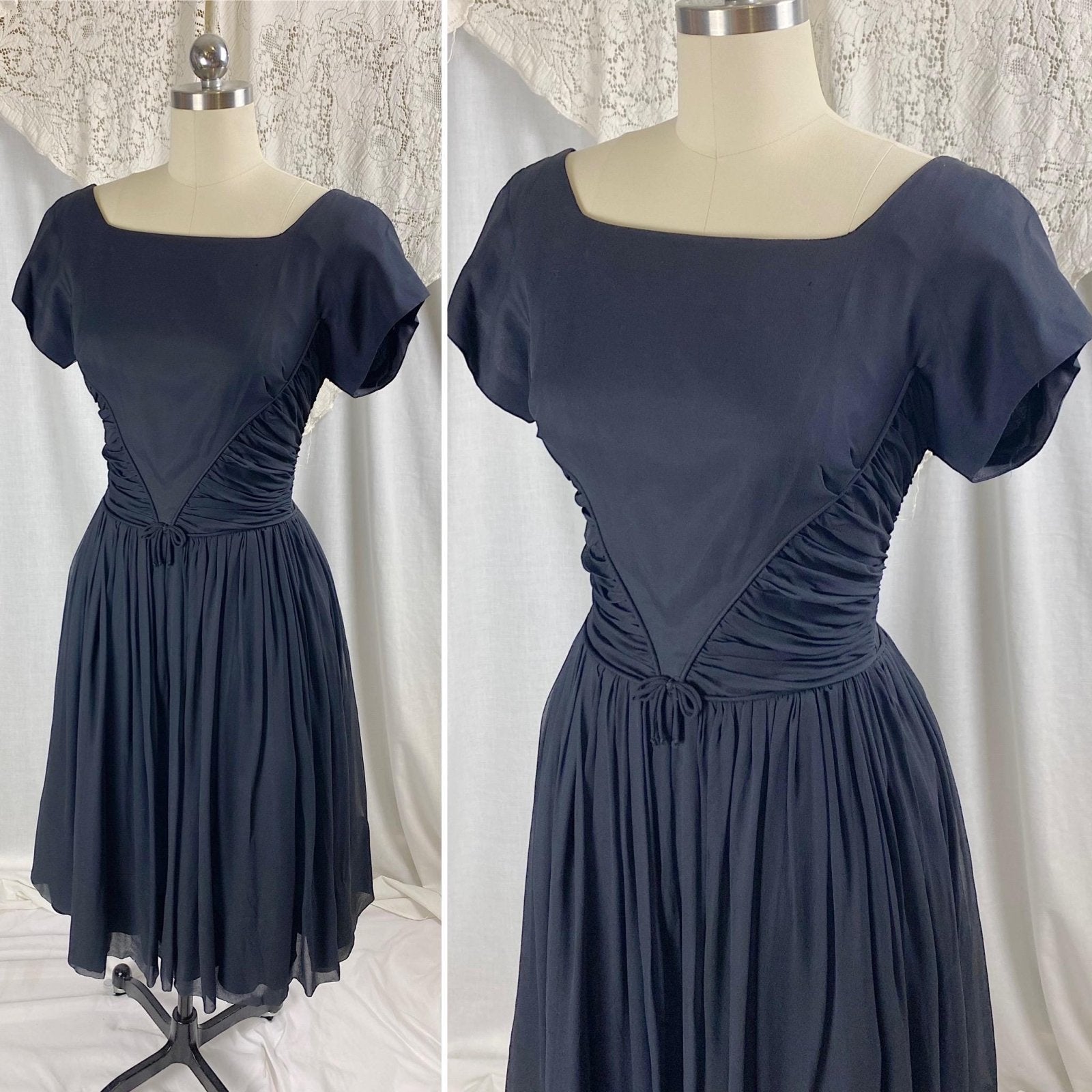 Vintage 1950's Dress | Black Silk Chiffon with Ruched Waist & Wide Circle Skirt | Size M - Daggers & Dames