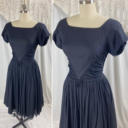 Vintage 1950's Dress | Black Silk Chiffon with Ruched Waist & Wide Circle Skirt | Size M - Daggers & Dames