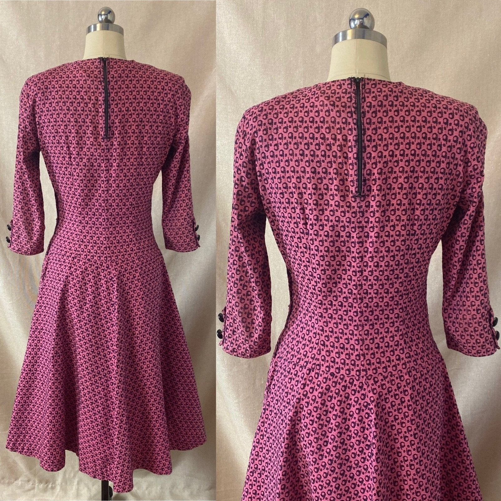 Vintage 1950's Full Swing Bowling Dress | Bubblegum Pink with Navy Blue Abstract Cotton Damask | Size 32 - 34 Bust, XS | Peg Hurley by Brunner - Daggers & Dames
