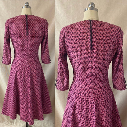 Vintage 1950's Full Swing Bowling Dress | Bubblegum Pink with Navy Blue Abstract Cotton Damask | Size 32 - 34 Bust, XS | Peg Hurley by Brunner - Daggers & Dames
