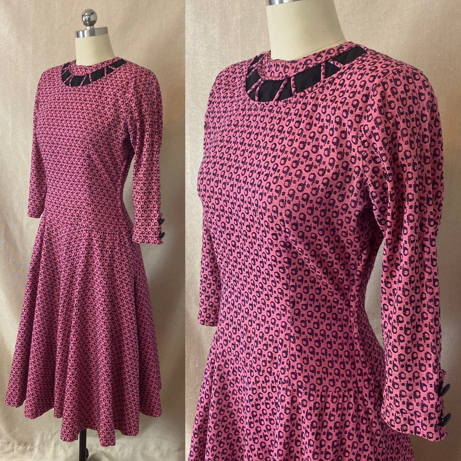 Vintage 1950's Full Swing Bowling Dress | Bubblegum Pink with Navy Blue Abstract Cotton Damask | Size 32 - 34 Bust, XS | Peg Hurley by Brunner - Daggers & Dames