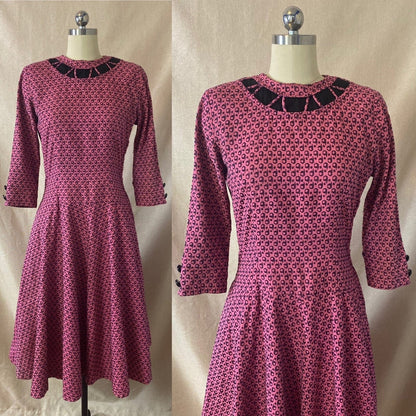 Vintage 1950's Full Swing Bowling Dress | Bubblegum Pink with Navy Blue Abstract Cotton Damask | Size 32 - 34 Bust, XS | Peg Hurley by Brunner - Daggers & Dames
