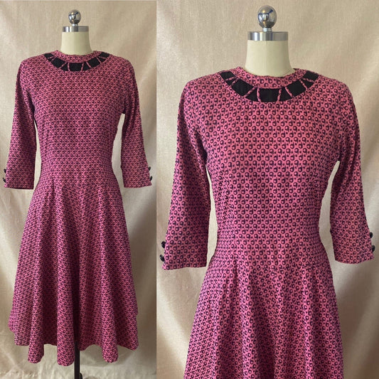 Vintage 1950's Full Swing Bowling Dress | Bubblegum Pink with Navy Blue Abstract Cotton Damask | Size 32 - 34 Bust, XS | Peg Hurley by Brunner - Daggers & Dames