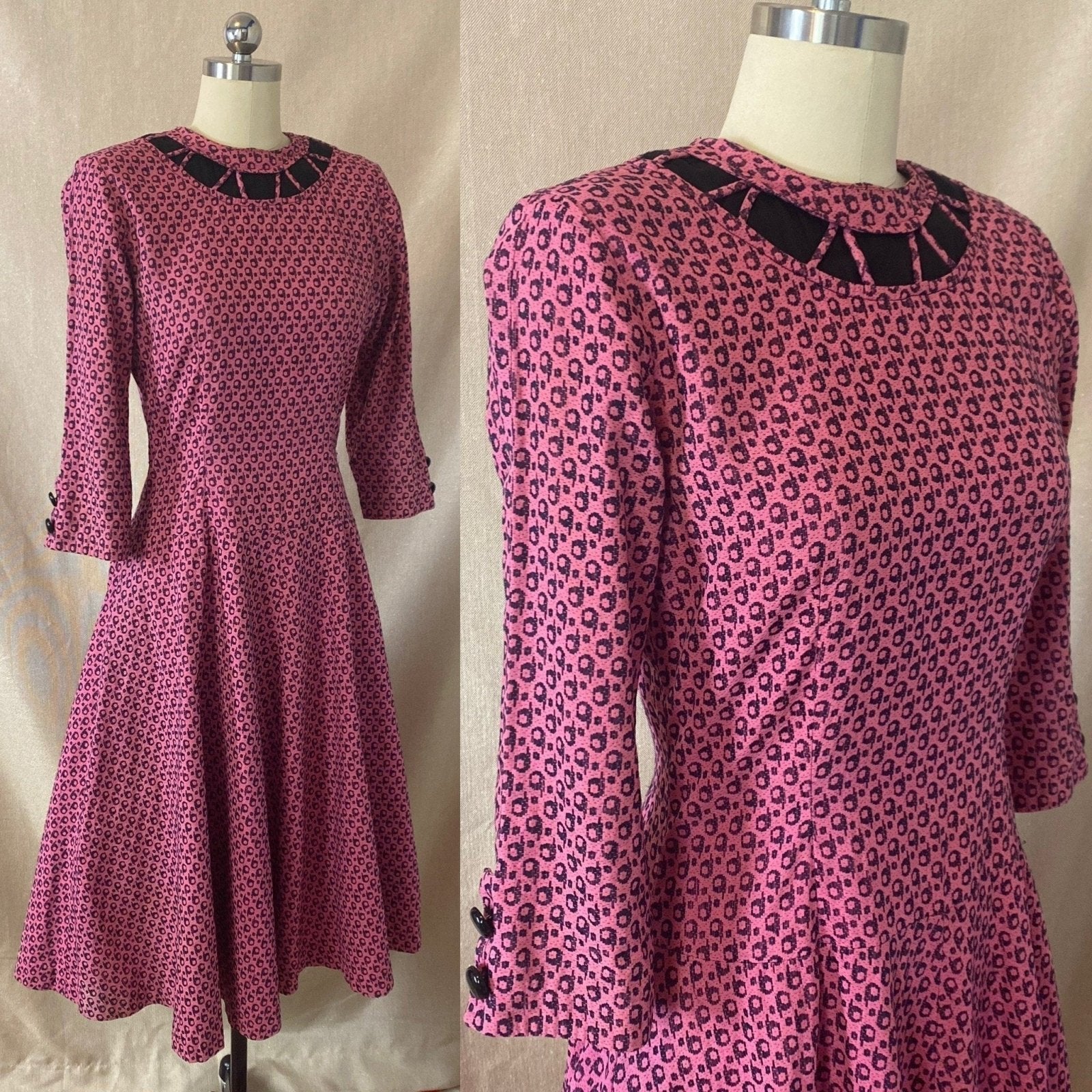 Vintage 1950's Full Swing Bowling Dress | Bubblegum Pink with Navy Blue Abstract Cotton Damask | Size 32 - 34 Bust, XS | Peg Hurley by Brunner - Daggers & Dames